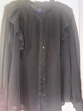 Ann Taylor Black Ruffle-Trim Semi-Sheer Blouse